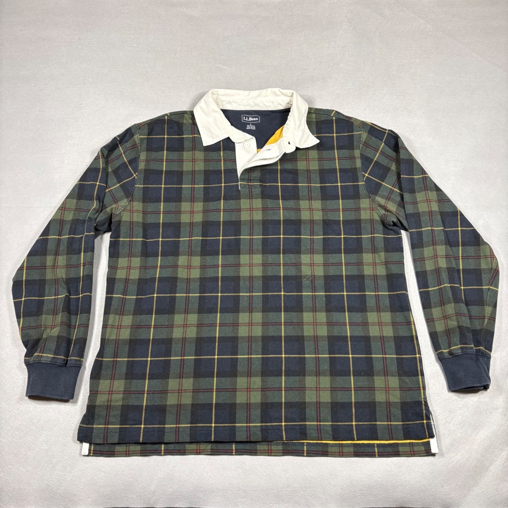 LL Bean Mens Large Green Plaid Long Sleeve Rugby Shirt Cotton 278155